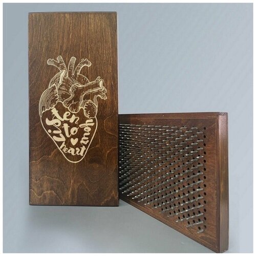 Доска садху с динамическими гвоздями, шаг 10мм, цвет Венге модель сердце (надпись, слушай свое сердце, listen to your heart) - 1690