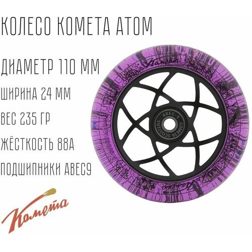 Колесо для трюкового самоката Комета 110мм Атом (Фиолетовый с блёстками / Черный)