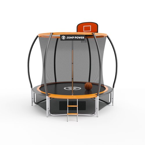 Батут каркасный детский Jump Power 244 см оранжевый с защитной сеткой/баскетбольное кольцо+мяч/ железный уличный /максимальная нагрузка 120кг