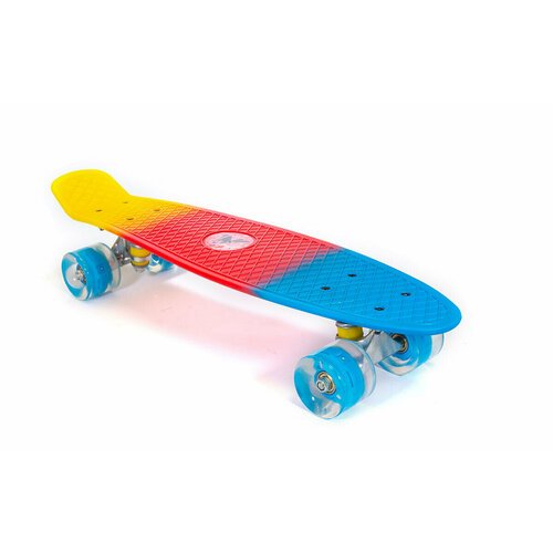 Скейтборд TRIX мини 22' 56 см , пластик, подвеска-алюм, колеса светящиеся PU 45х60 мм голубые, ABEC 7, син/красн/желтый