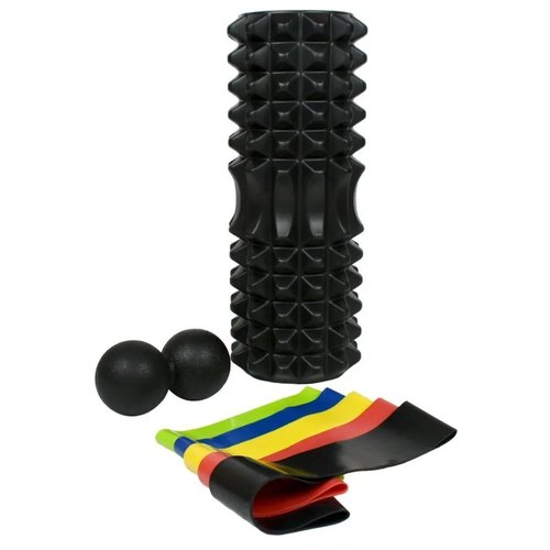Набор для йоги (валик Strong S, мяч для йоги двойной, 5 эспандеров ленточных) в чехле цвет: черный