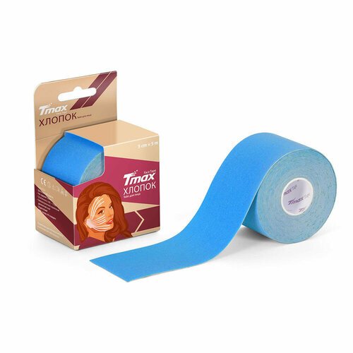 Тейп кинезиологический Tmax Beauty Tape (5cmW x 5mL), хлопок, для эстетического тейпирования, голубой