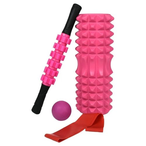 Набор для йоги (валик Strong S, массажер-роллер, мяч, эспандер) в чехле цвет: розовый