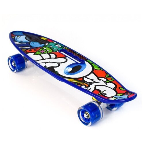 Скейтборд с ручкой для детей и подростков / пенни борд / скейт со светящими колесами 58х16 см / синий глаз