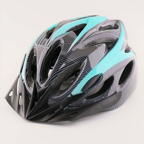 Шлем велосипедный с задним фонарем LED, USB зарядка (карбон, голубой, +козырек) HO-028