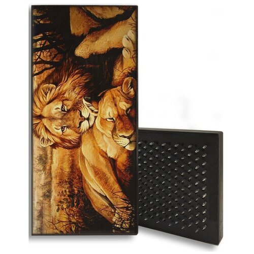 Доска Садху / Доска с гвоздями / Доска для Йоги / Животные лев Африка - 1058 / шаг 10мм