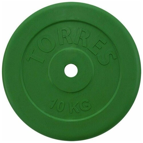 Диск обрезиненный TORRES 10 кг, PL504110, d.25 мм, металл в резиновой оболочке, зеленый