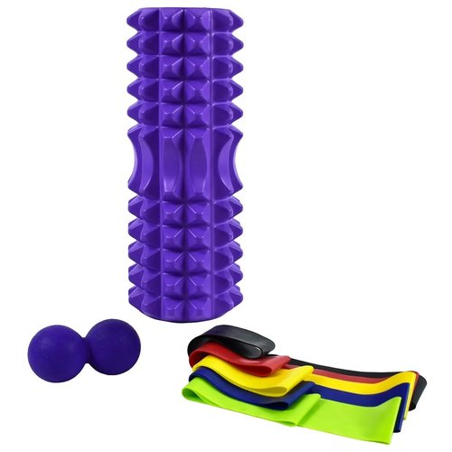Набор для йоги (валик Strong S, мяч для йоги двойной, 5 эспандеров ленточных) в чехле цвет: фиолетовый