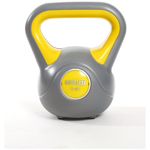 Гиря пластиковая BASEFIT 4 кг серая желтая цельная для спорта фитнеса и кроссфита