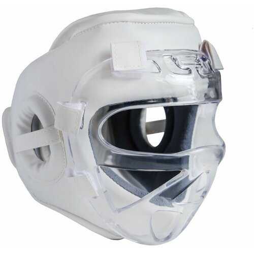 Шлем для каратэ с пластиковой маской съёмной белый без символики экокожа S