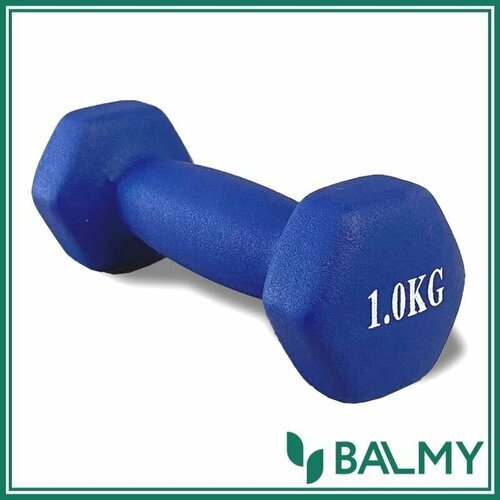 Гантель спортивная шестигранная неопреновая 1 кг BALMY для занятий спортом и домашних тренировок для фитнеса и йоги (синяя) 1 шт.