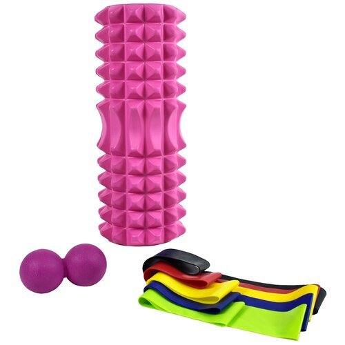 Набор для йоги (валик Strong S, мяч для йоги двойной, 5 эспандеров ленточных) в чехле цвет: розовый