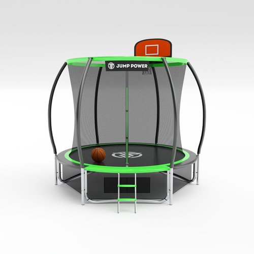 Батут каркасный детский Jump Power 244 см зеленый с внутренней защитной сеткой для детей/ баскетбольное кольцо+мяч/ максимальная нагрузка 120кг