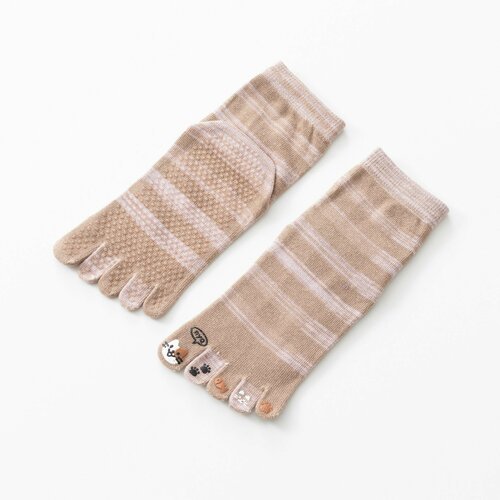 Носки с пальцами противоскользящие для йоги милые коты в полоску бежевые