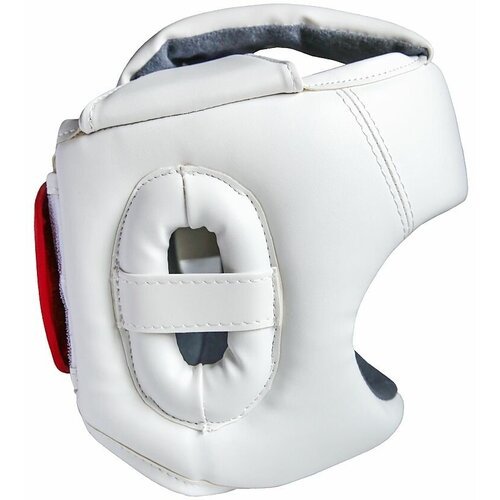 Шлем для каратэ с защитой подбородка белый липучка красная и белая без символики экокожа M