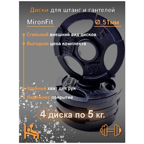 Набор из 4-х металлических блинов 5 кг для гантелей или штанг (D51).. Mironfit