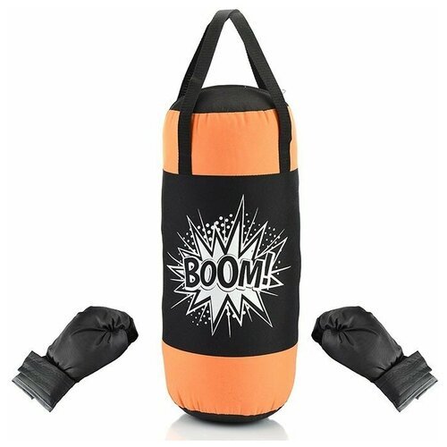 Набор для бокса: груша 50см х Ø20см (оксфорд) с перчатками. Цвет черный-оранжевый, принт 'BOOM!'