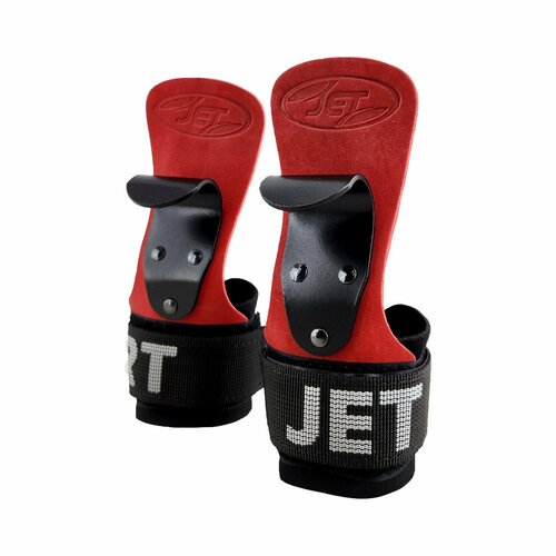 Крюки на руки c манжетой JetSport для тяги и турника из натуральной кожи красного цвета