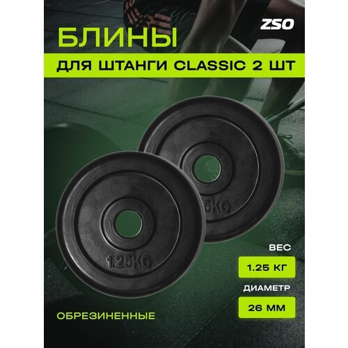 Диски (блины) для штанги и гантелей, обрезиненные ZSO черный Classic D-26, 1.25 кг, 2шт.