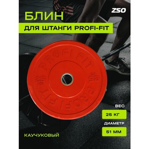 Диск для штанги каучуковый, цветной, PROFI-FIT D-51 (25 кг, красный)