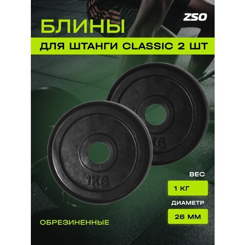 Диски (блины) для штанги и гантелей, обрезиненные ZSO черный Classic D-26, 1 кг, 2шт.