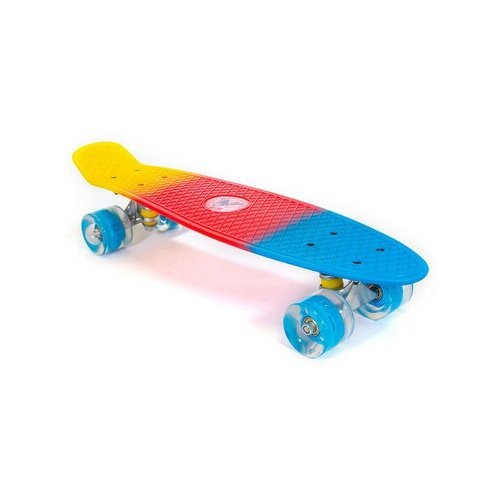 Скейтборд TRIX мини 22' 56 см , пластик, подвеска-алюм, колеса светящиеся PU 45х60 мм голубые, ABEC 7, син/красн/желт.