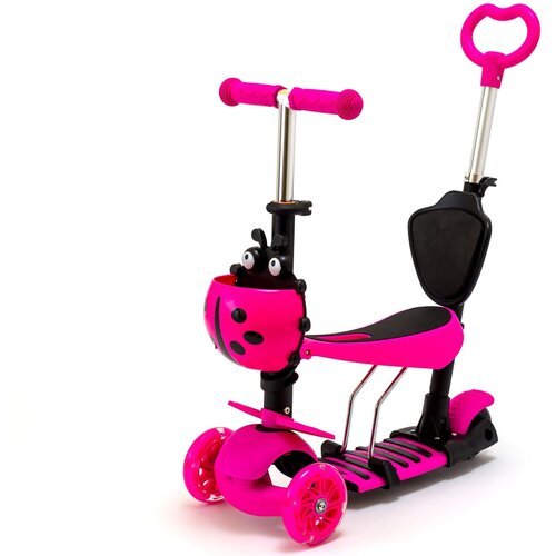 Детский Самокат 5в1 со светящимися колесами, с родительской ручкой и сиденьем, розовый